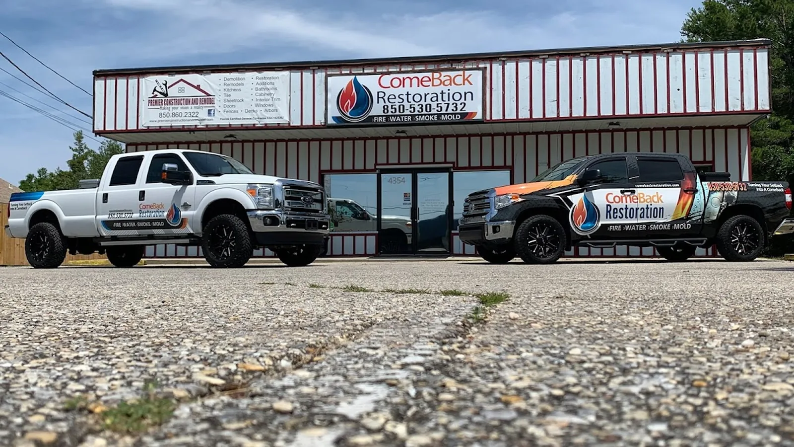 ComeBack Restoration, LLC headquarters and branded fleet trucks at 4354 Gulf Breeze Pkwy